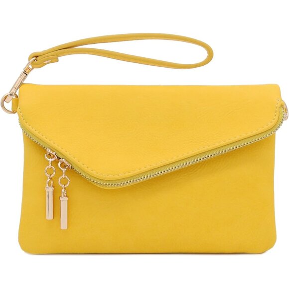 Women's Yellow Wristlet Clutch Zipper Closure Long Chain Strap Crossbody Bag - Picture 2 of 7